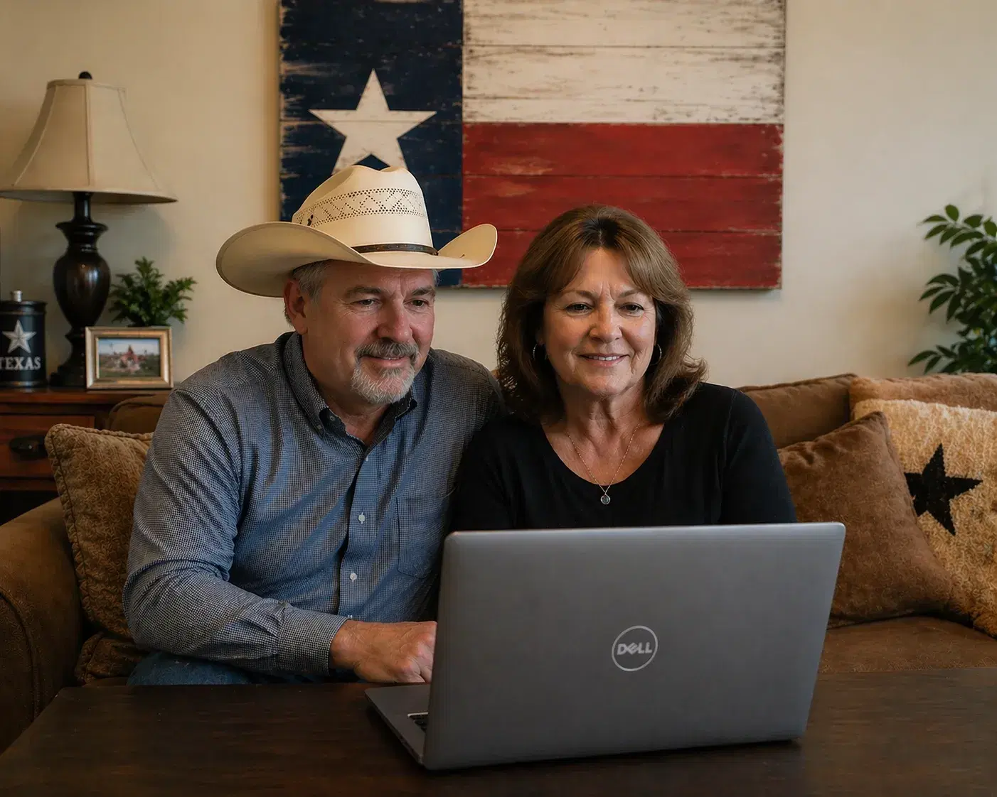 Couple reviewing paperwork at home with framed Texas flag, representing Texas debt consolidation and debt relief services